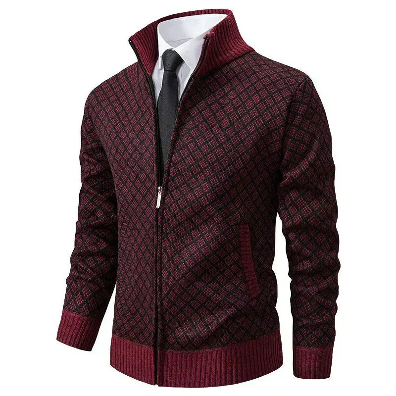 Fabian - Men's zipped stand-up collar cardigan, modern fit jacquard knit