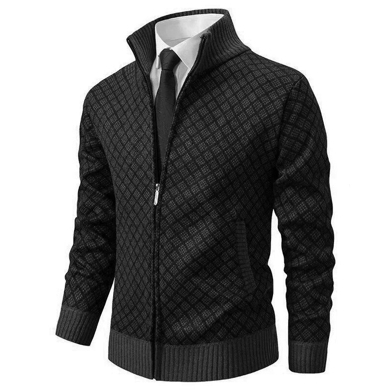 Fabian - Men's zipped stand-up collar cardigan, modern fit jacquard knit