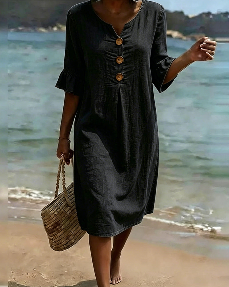 Fynorae - Women's denim dress with ruffled sleeves, flowy cut, for summer beach