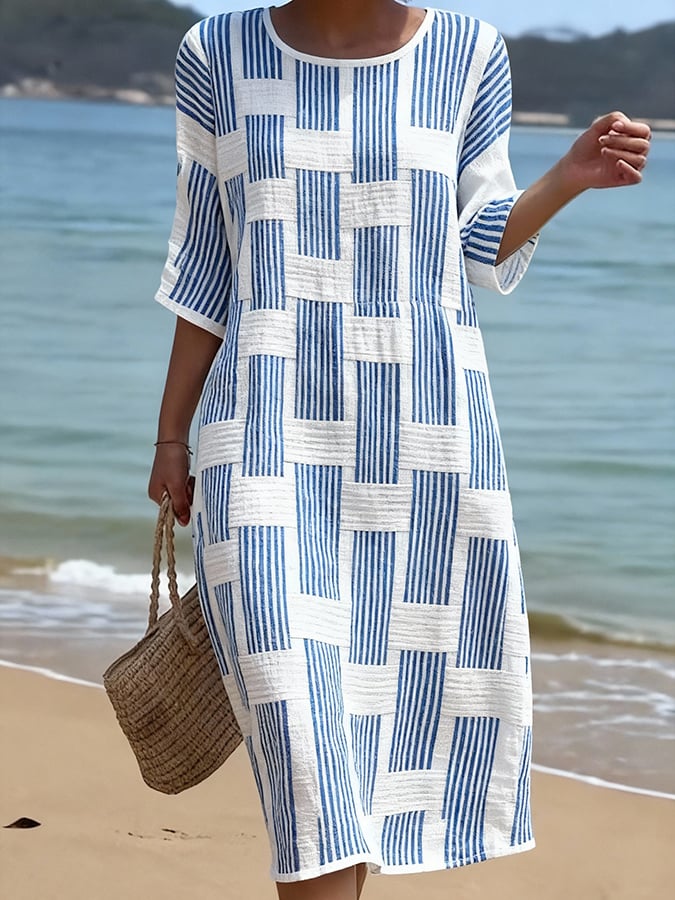 Katarina - Women's Cotton Linen Round Neck Three-Quarter Sleeve Printed Dress