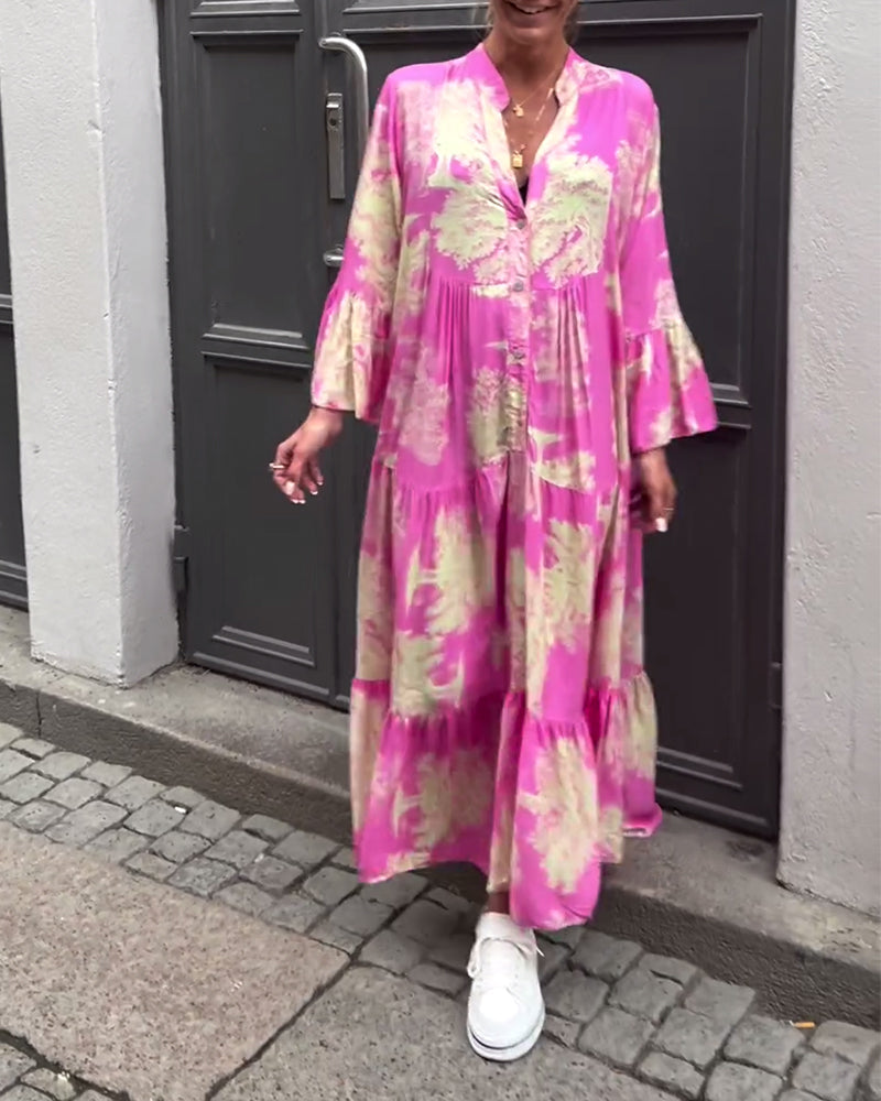 Greta - Loose Patchwork Dress with V-Neck and Printed Bell Sleeves