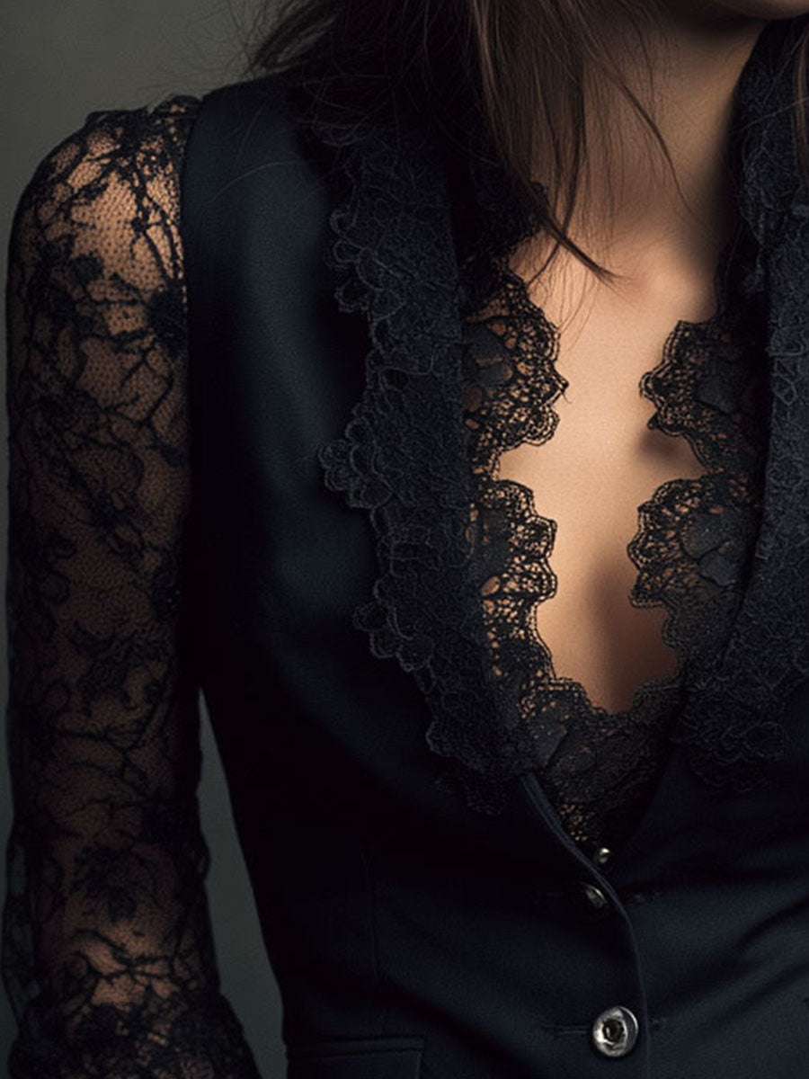 Bruxelle - Women's Elegant Lace Blouse with Transparent Sleeves