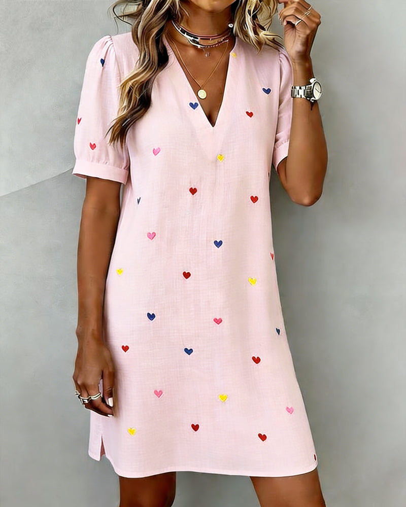 Tivoria - Women's short V-neck dress with heart print, cotton, linen, short sleeves
