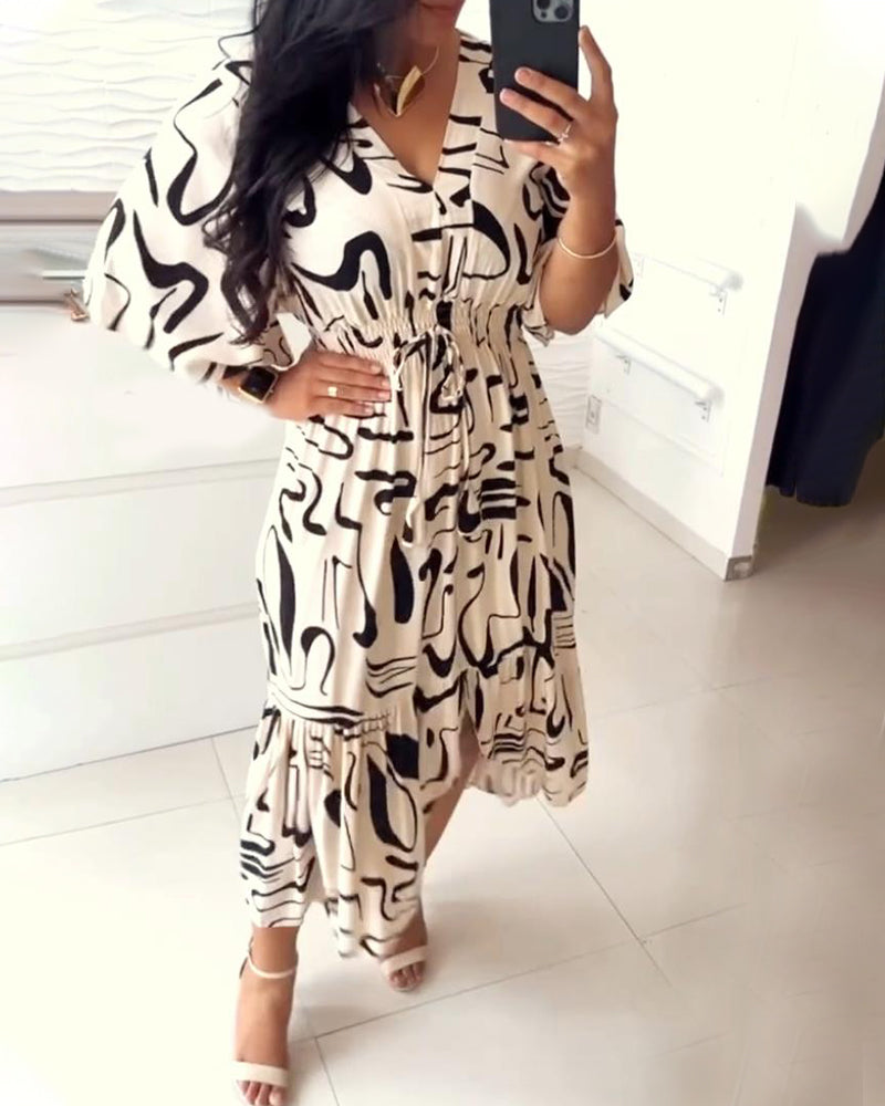 Sanae - Elegant Print V-Neck Dress