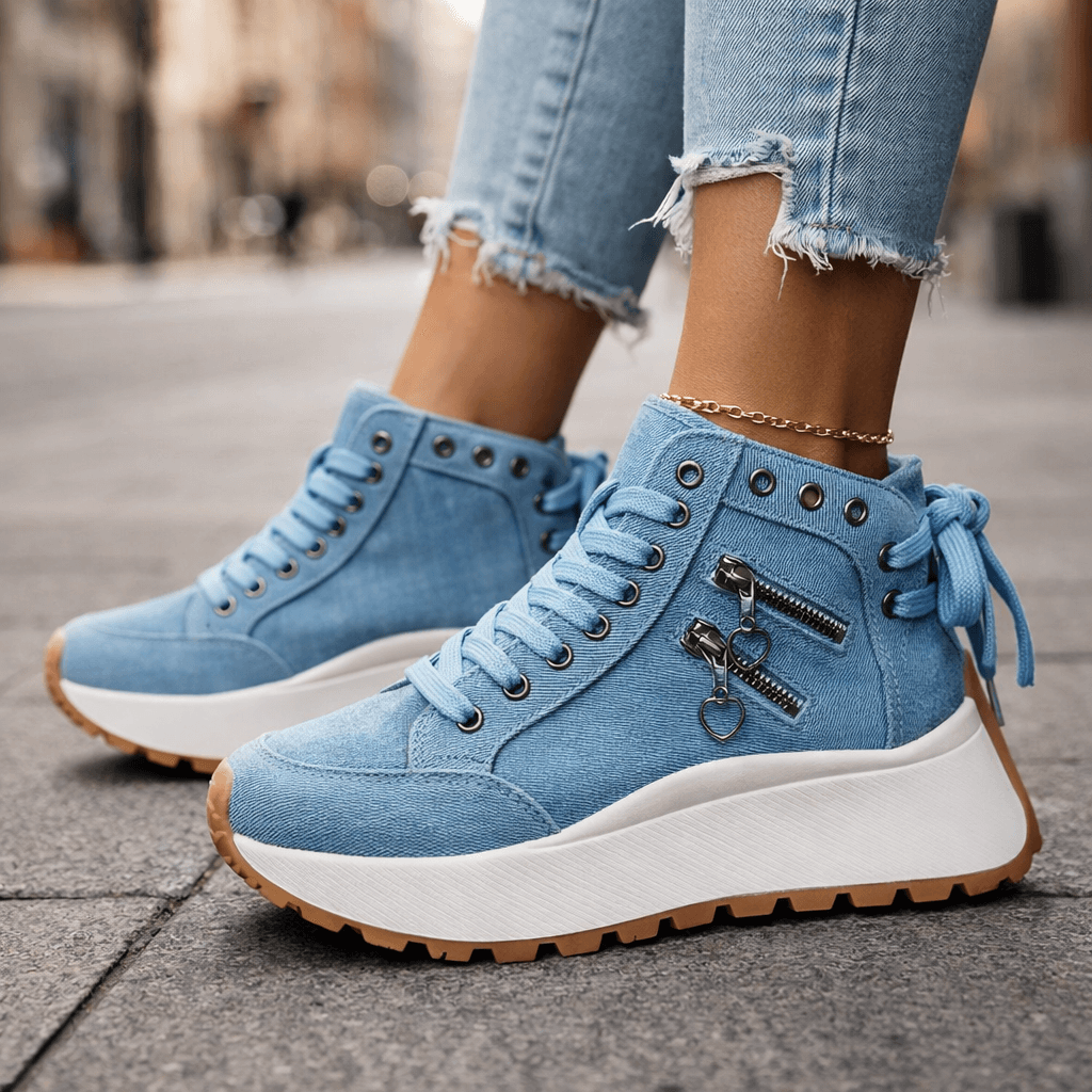Jasmyra - Women's blue denim platform trainers, modern chunky style