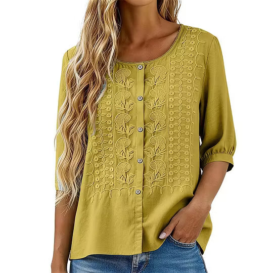 Sorivelle - Women's 3/4-Sleeve Cotton and Linen Embroidered Blouse