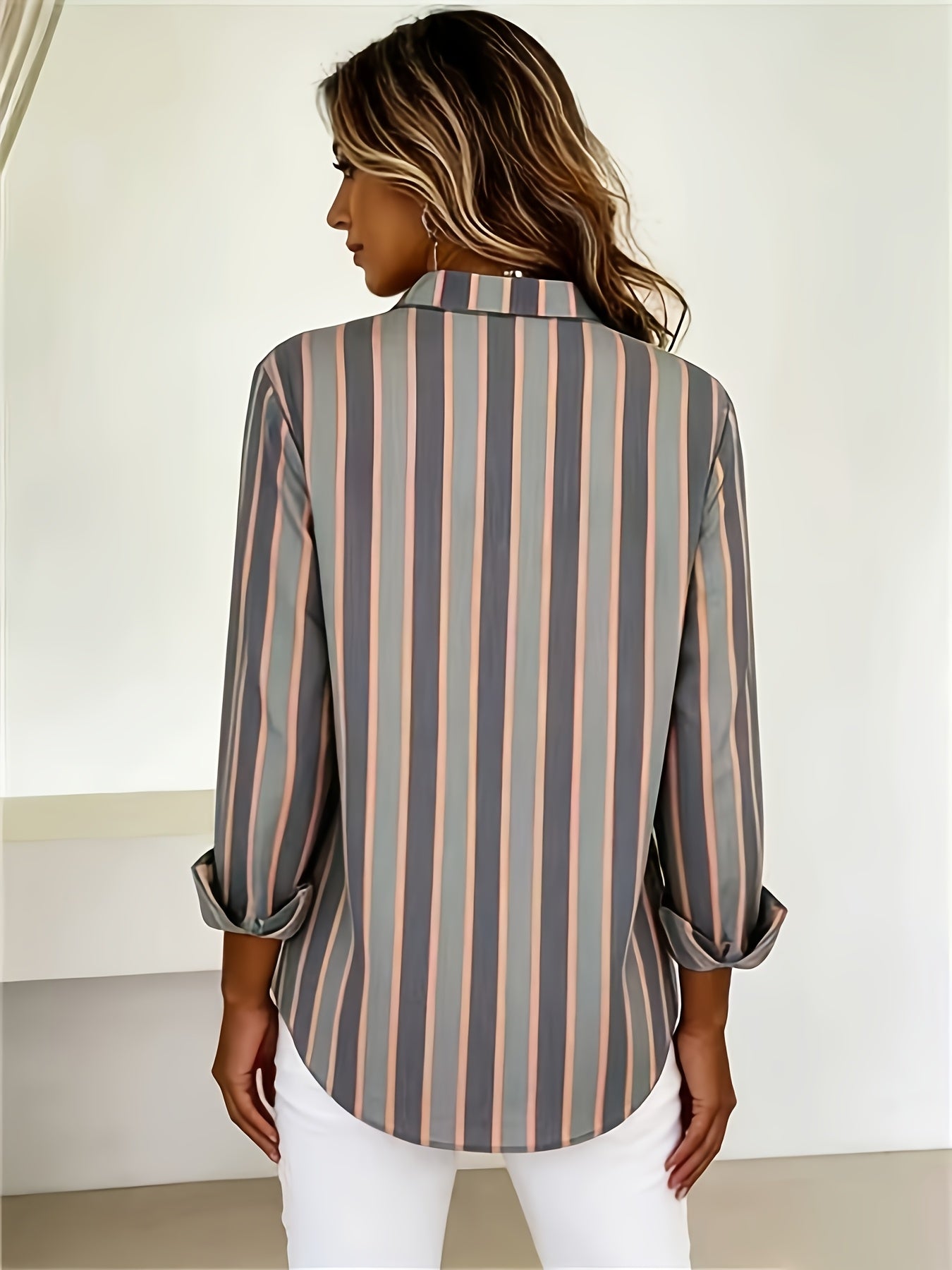 Qirexa - Women's Vertical Striped Loose Fit Button-Down Casual Shirt