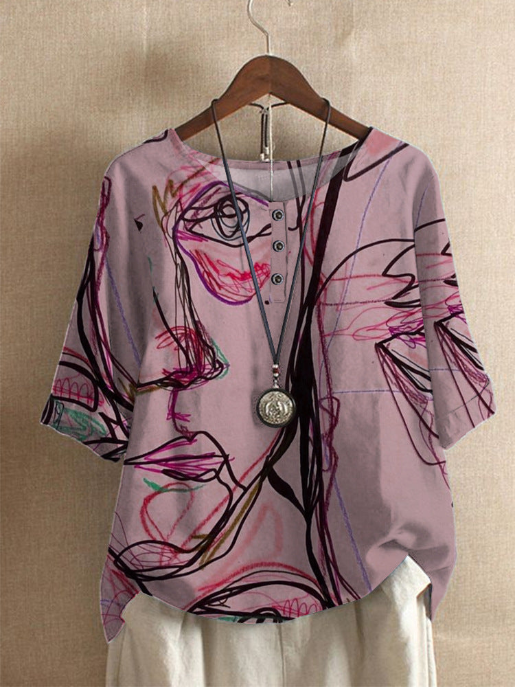 Averitha - Women's Artistic Printed 3/4 Sleeve Round Neck T-Shirt