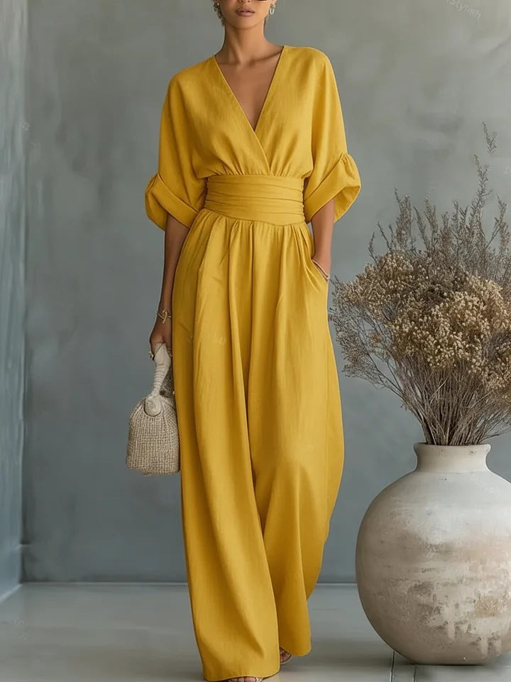 Daxelle - Women's Elegant V-Neck Belted Waist Wide-Leg Jumpsuit