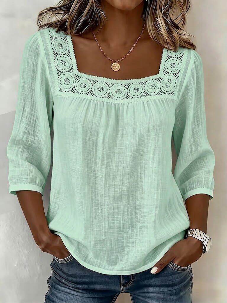 Myzaria - Women's blouse with elegant lace square neckline