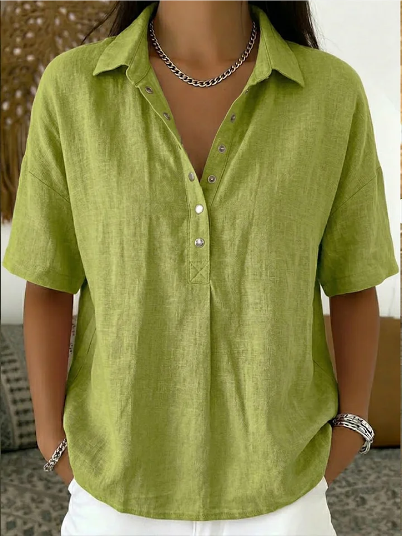 Karina - Women's Blouse Classic Collar V-Neck Buttons Short Sleeves Comfort