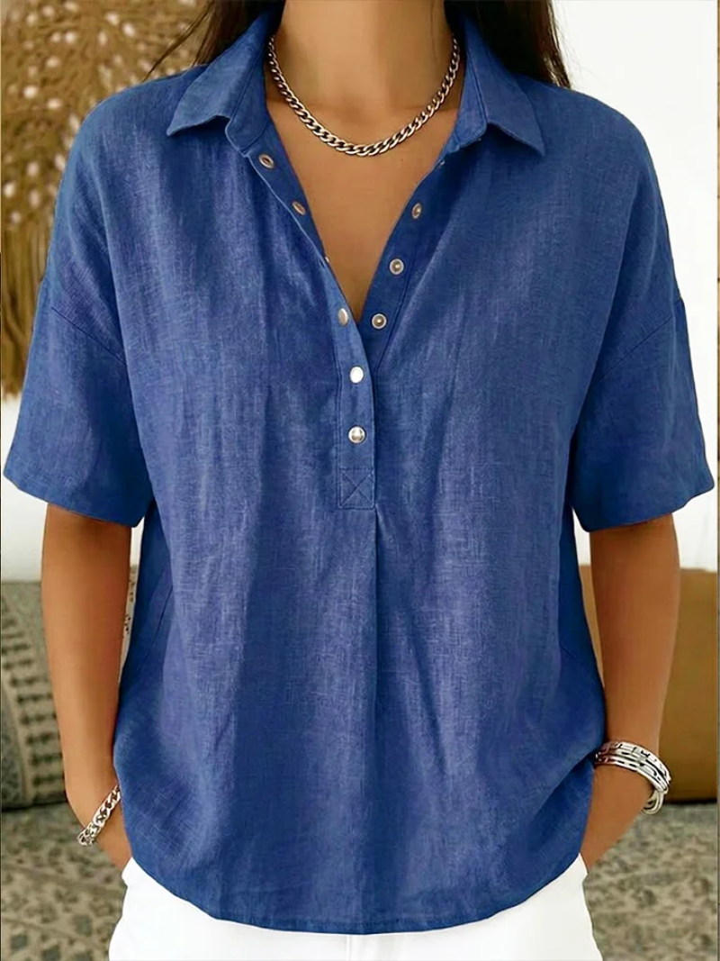 Karina - Women's Blouse Classic Collar V-Neck Buttons Short Sleeves Comfort