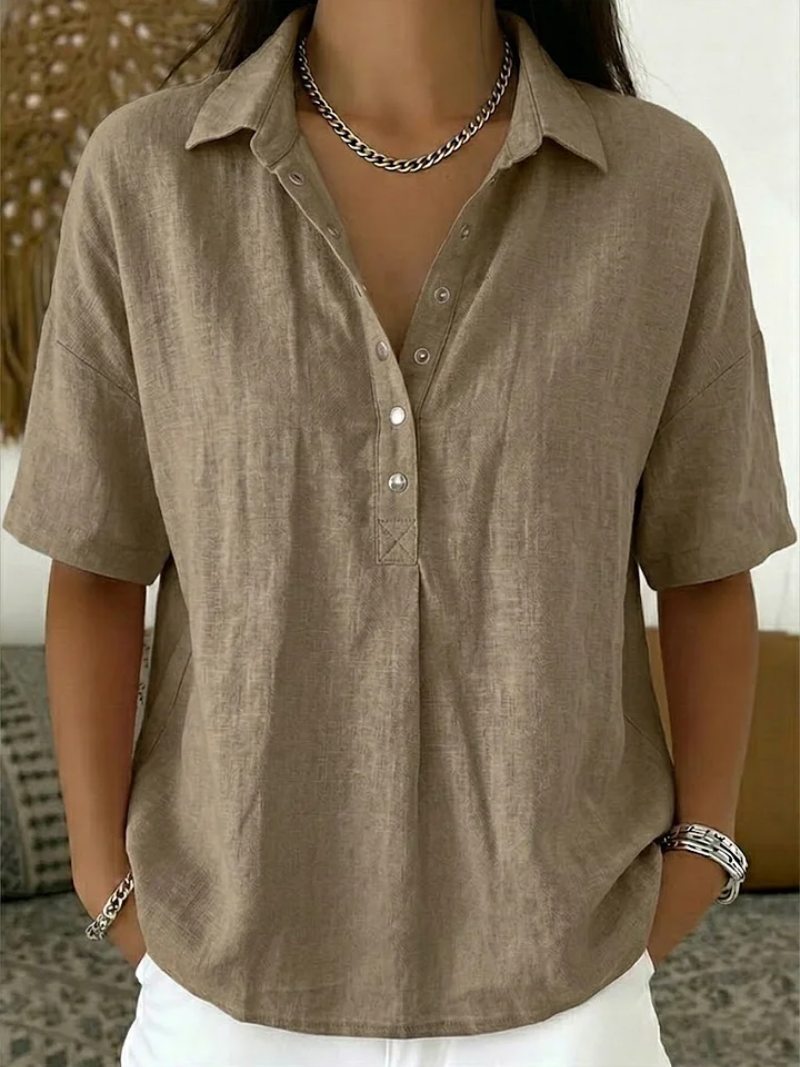 Karina - Women's Blouse Classic Collar V-Neck Buttons Short Sleeves Comfort