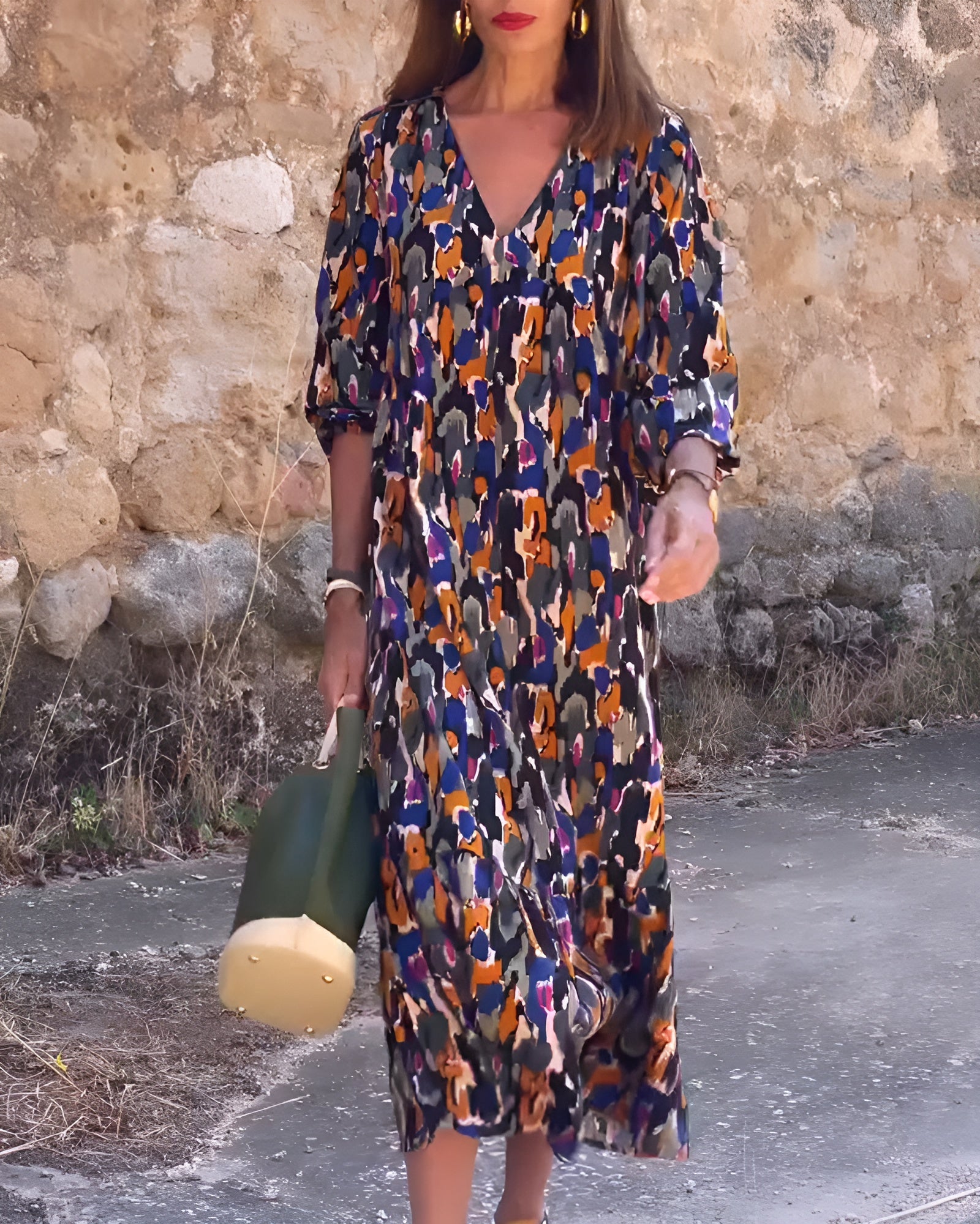 Lorina - Retro printed V-neck dress