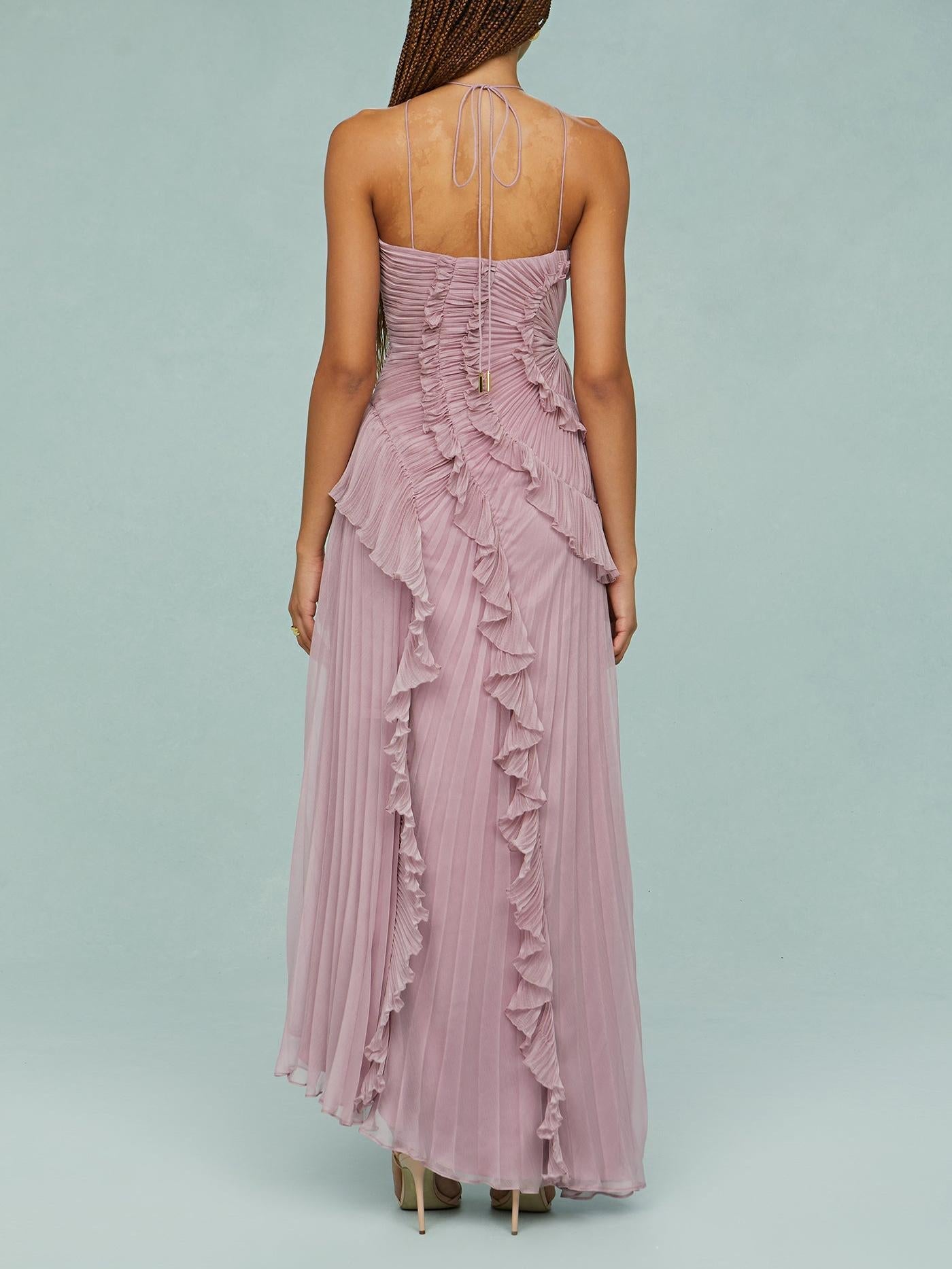 Bravielle - Women's long pleated dress with elegant asymmetric ruffles