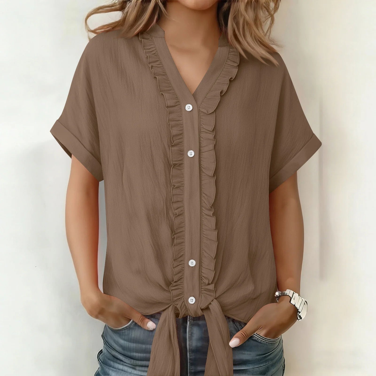 Kalyxa - Women's Cotton V-neck Short Sleeve Tie-front Summer Shirt