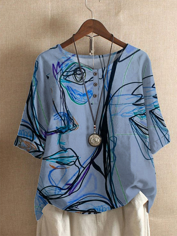Averitha - Women's Artistic Printed 3/4 Sleeve Round Neck T-Shirt