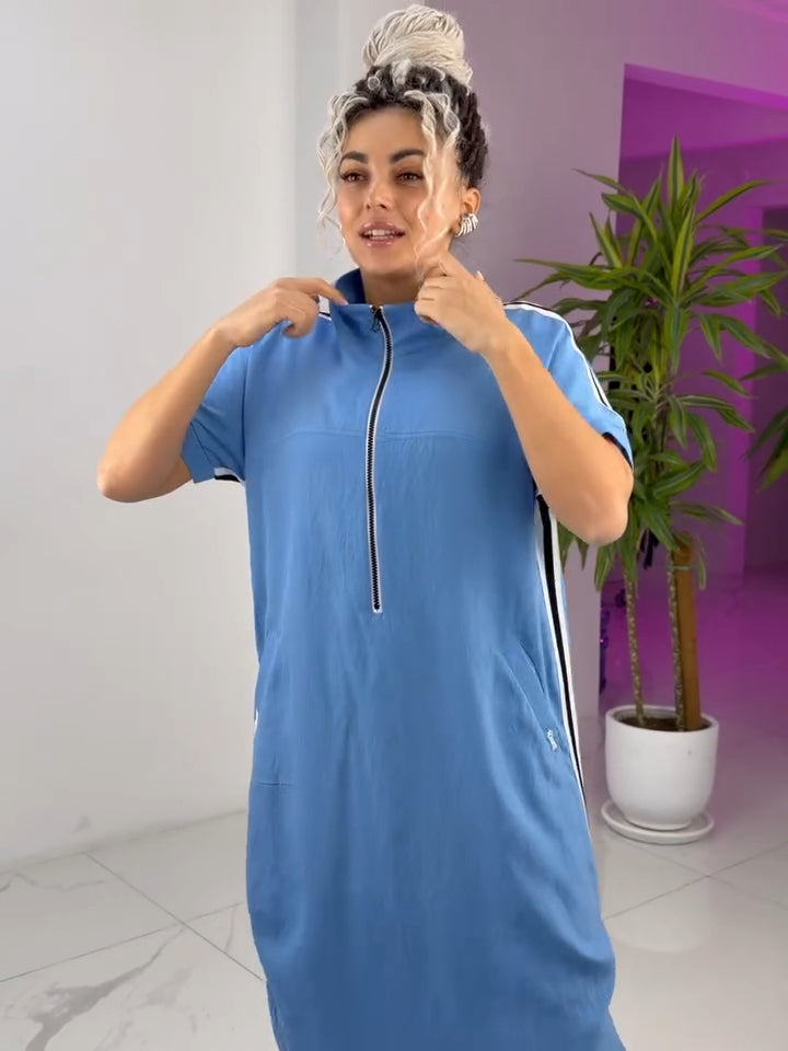 Gavrixa - Women's long zipped high-neck dress, fluid cut, sporty chic style, comfortable
