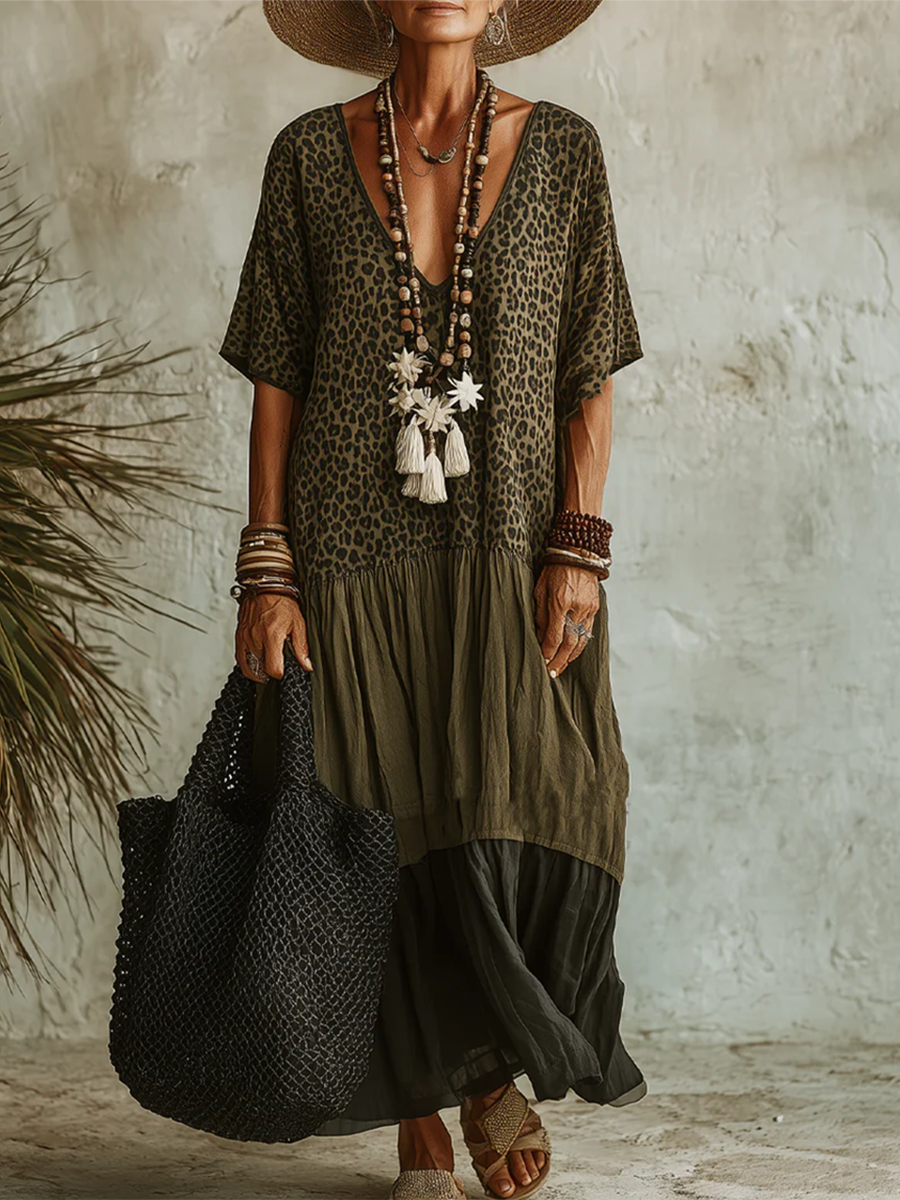 Syverelle - Flowy Cotton Leopard Bohemian Midi Dress
