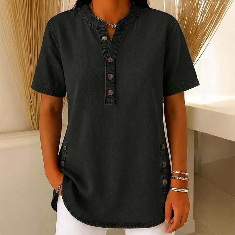 Kynessa - Women's Lightweight Denim Tunic with Short Sleeves and V-Neck