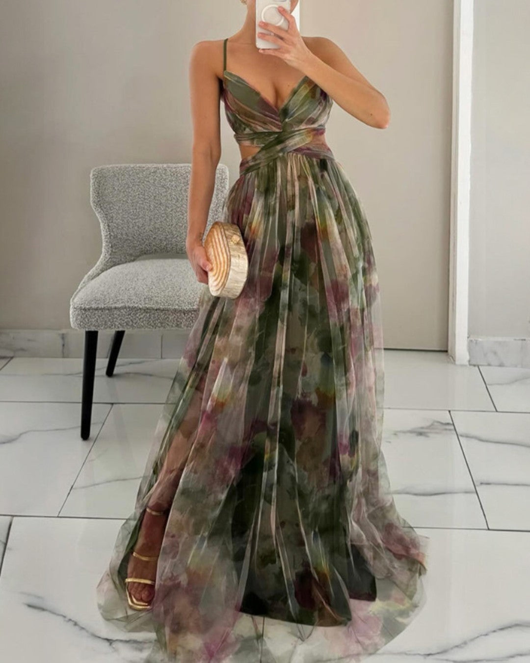 Helena - Women's Flowy Maxi Dress V-Neck Thin Straps Floral Elegance