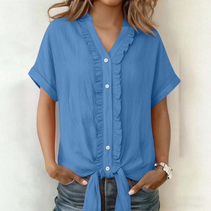 Kalyxa - Women's Cotton V-neck Short Sleeve Tie-front Summer Shirt