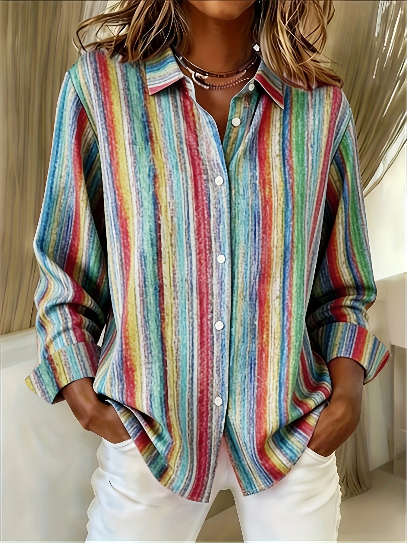 Qirexa - Women's Vertical Striped Loose Fit Button-Down Casual Shirt