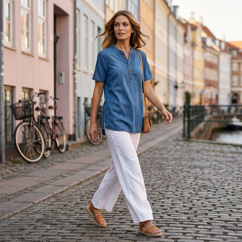Kynessa - Women's Lightweight Denim Tunic with Short Sleeves and V-Neck