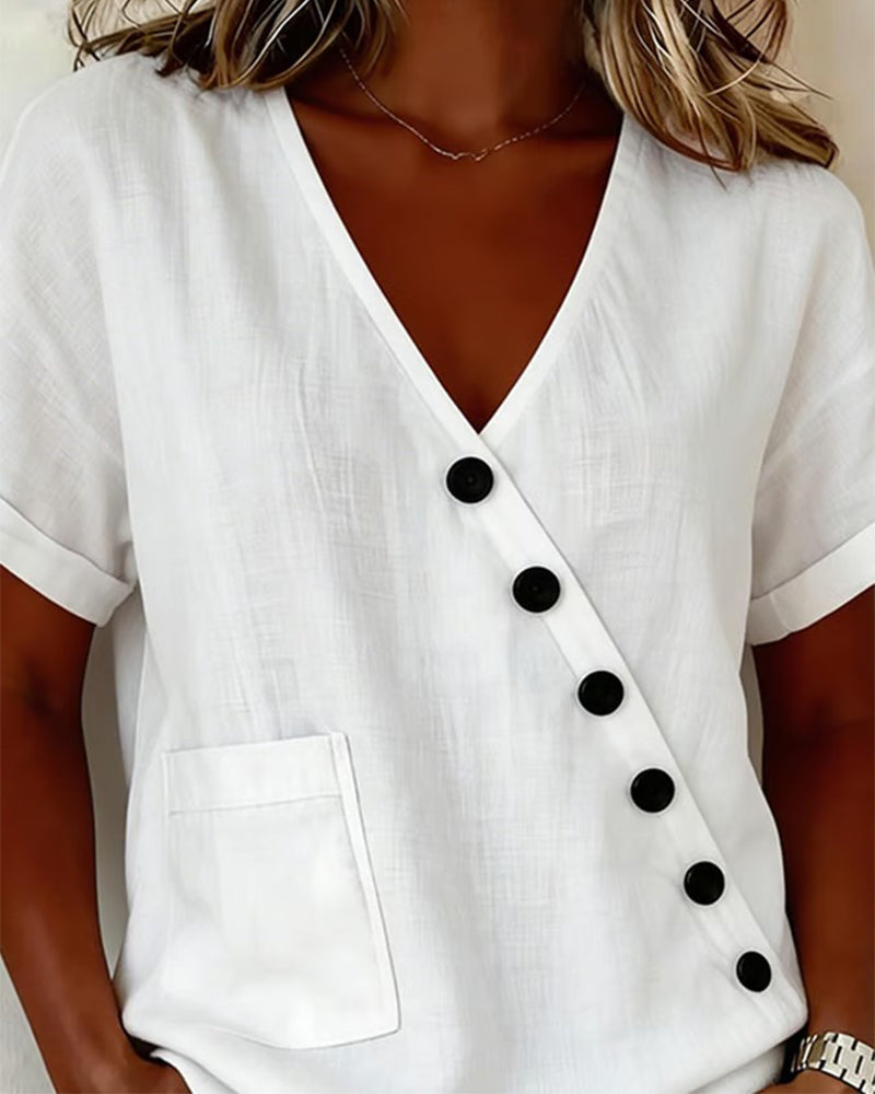 Qirellea - Women's Lightweight Asymmetrical Button Top for Summer