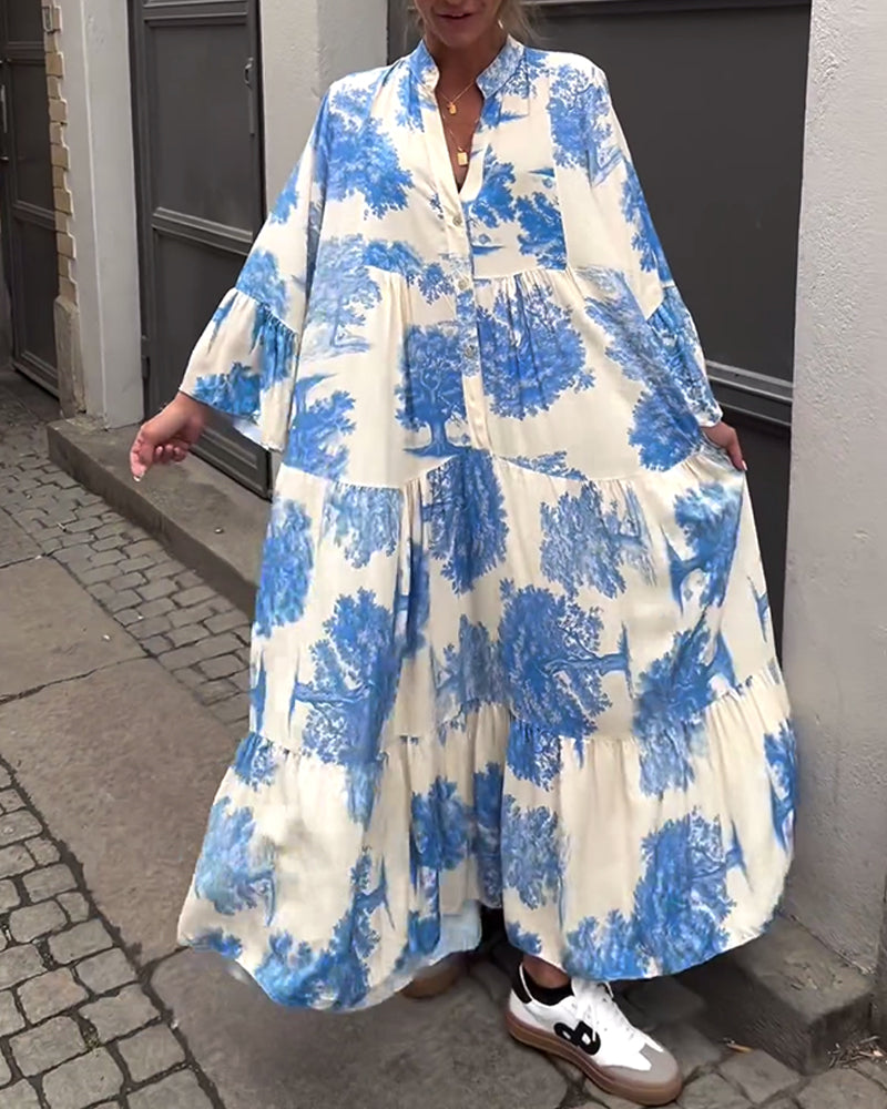 Greta - Loose Patchwork Dress with V-Neck and Printed Bell Sleeves