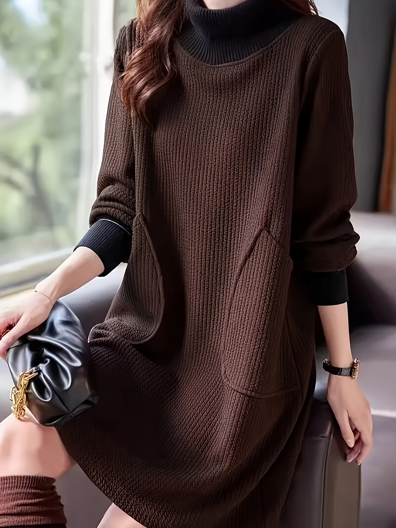 Lydie - Chic Midi Dress with High Neck and Raglan Sleeves