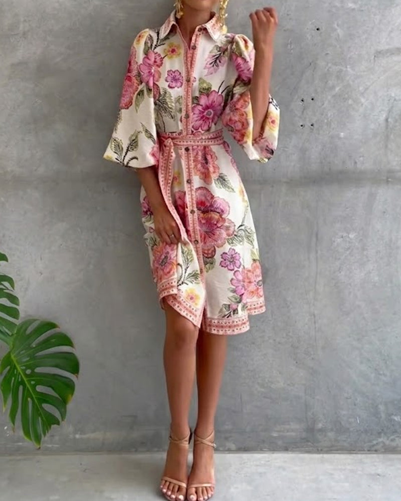 Glyssara - Women's Elegant Floral Dress with Lantern Sleeves and Buttons
