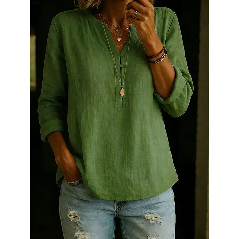 Vaelis - Women's Relaxed Fit V-Neck Shirt with Buttons