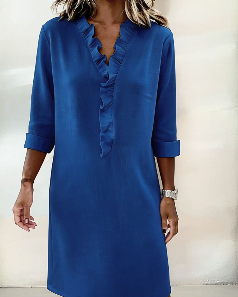Ophivyn - Women's V-neck ruffle straight cut casual dress