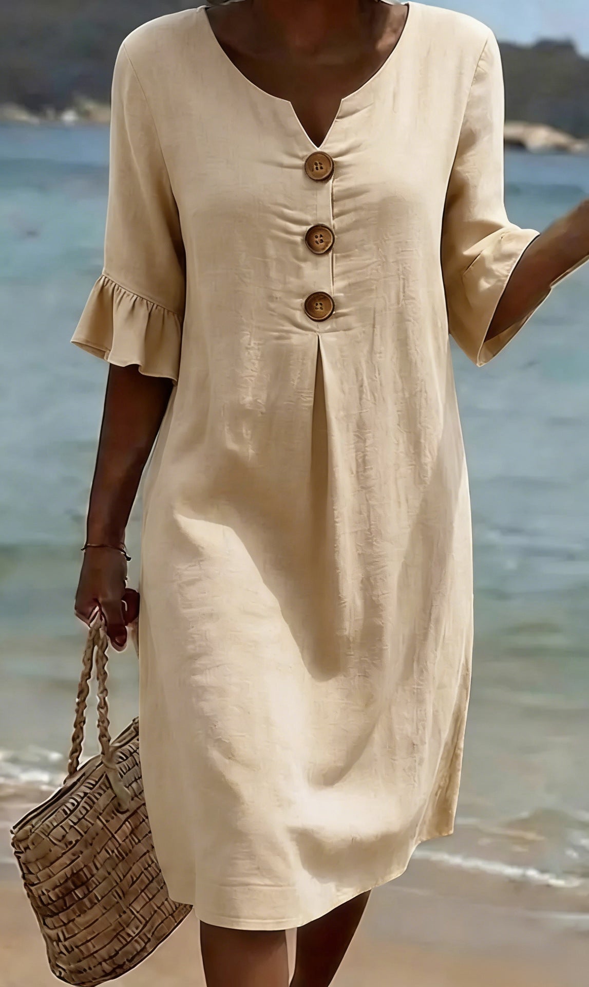 Beatrix - Women's Cotton Linen Dress Flowy Cut Buttons Flared Sleeves Elegant