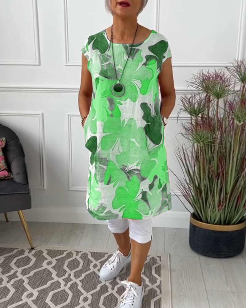 Anita - Women's green printed flowy short-sleeved loose-fitting dress