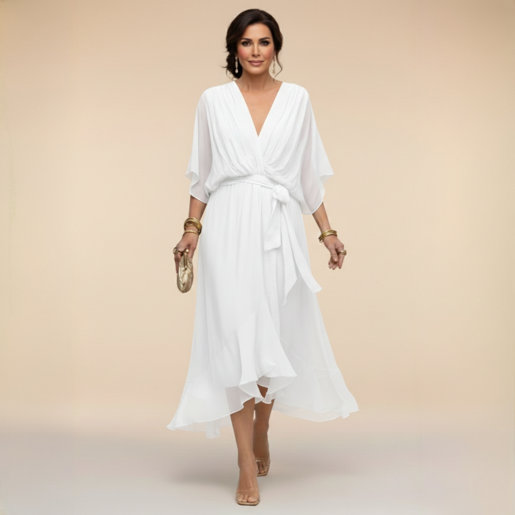 Lazira - Women's flowing midi dress with V-neck, wide sleeves, and elegant belt