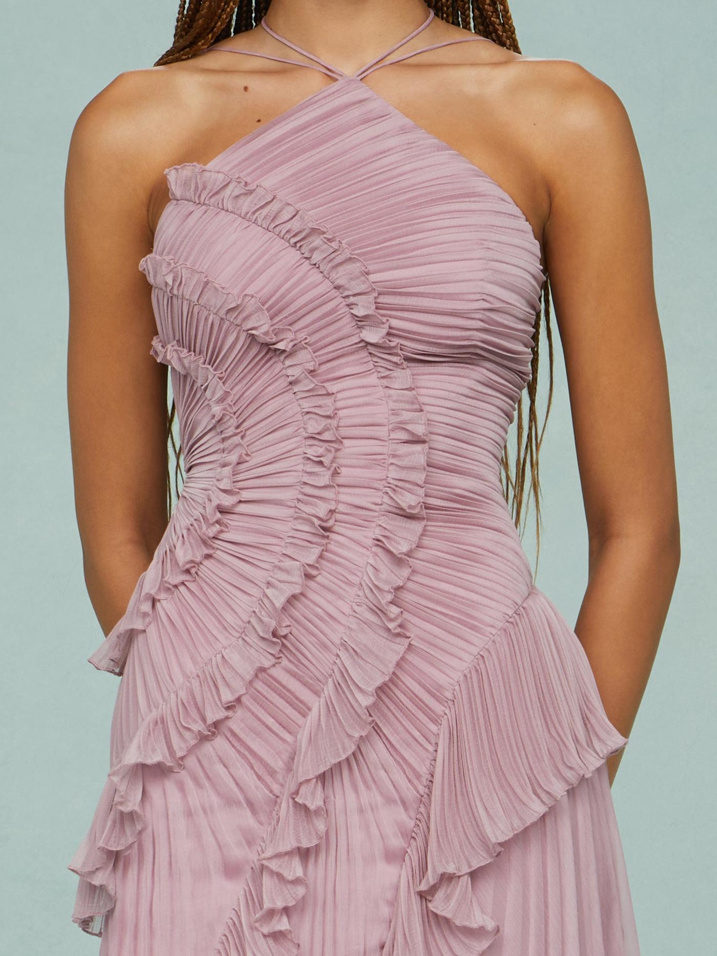 Bravielle - Women's long pleated dress with elegant asymmetric ruffles