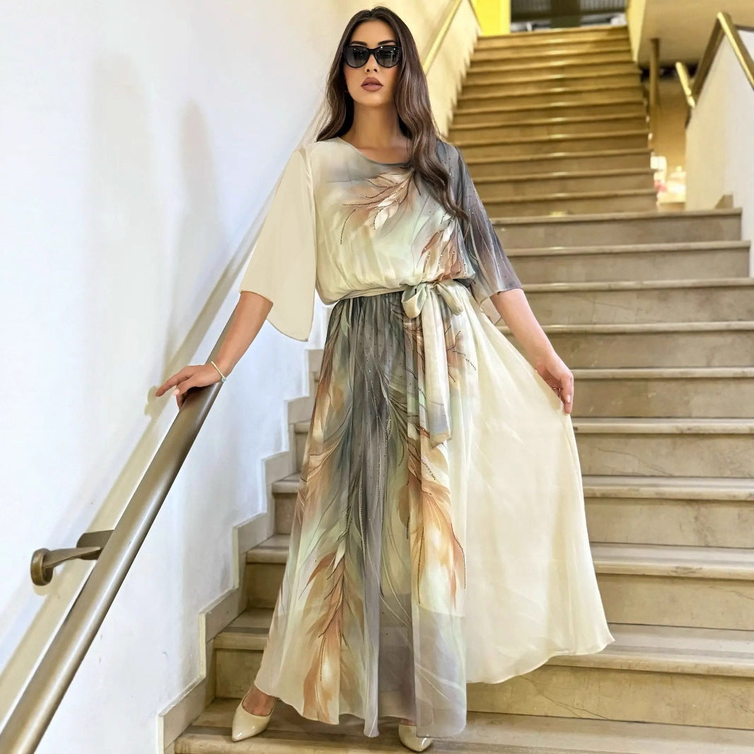 Orythessa - Flowy Elegant Green Printed Chiffon Maxi Dress