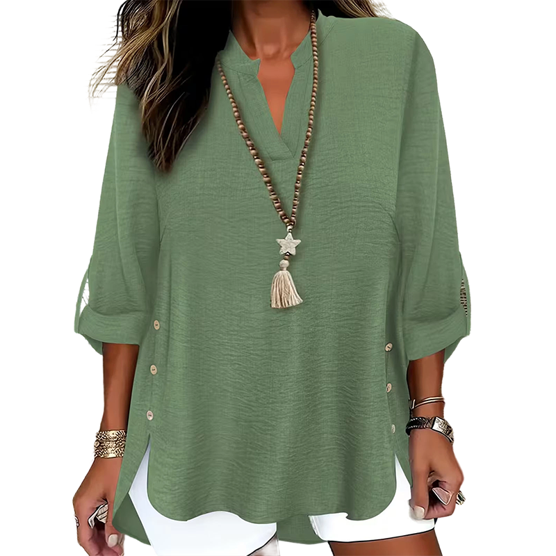 Kymora - Women's Loose V-Neck Top with Side Slits and Buttons