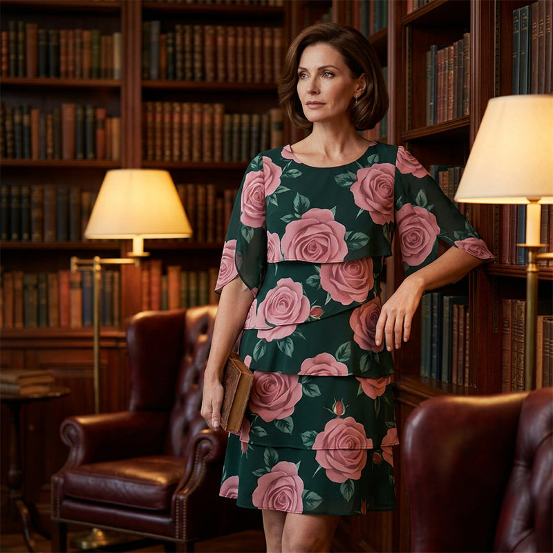 Qyvelle - Women's Floral Print Dress Loose Fit Flowy Sleeves Elegant Style