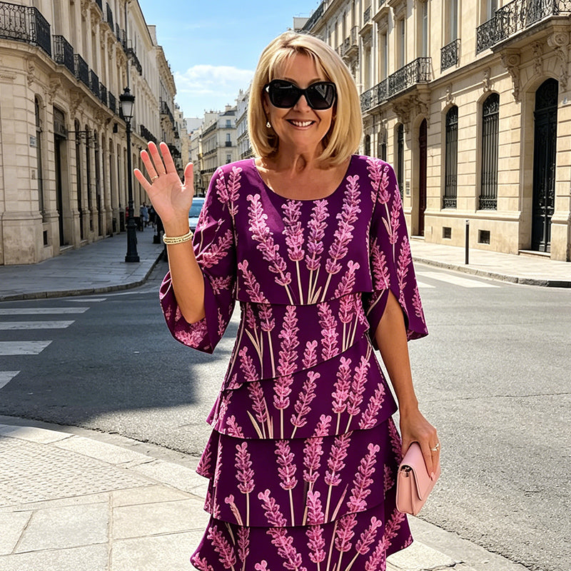 Elyvane - Women's Midi Floral Print Ruffled Slit Sleeve Dress
