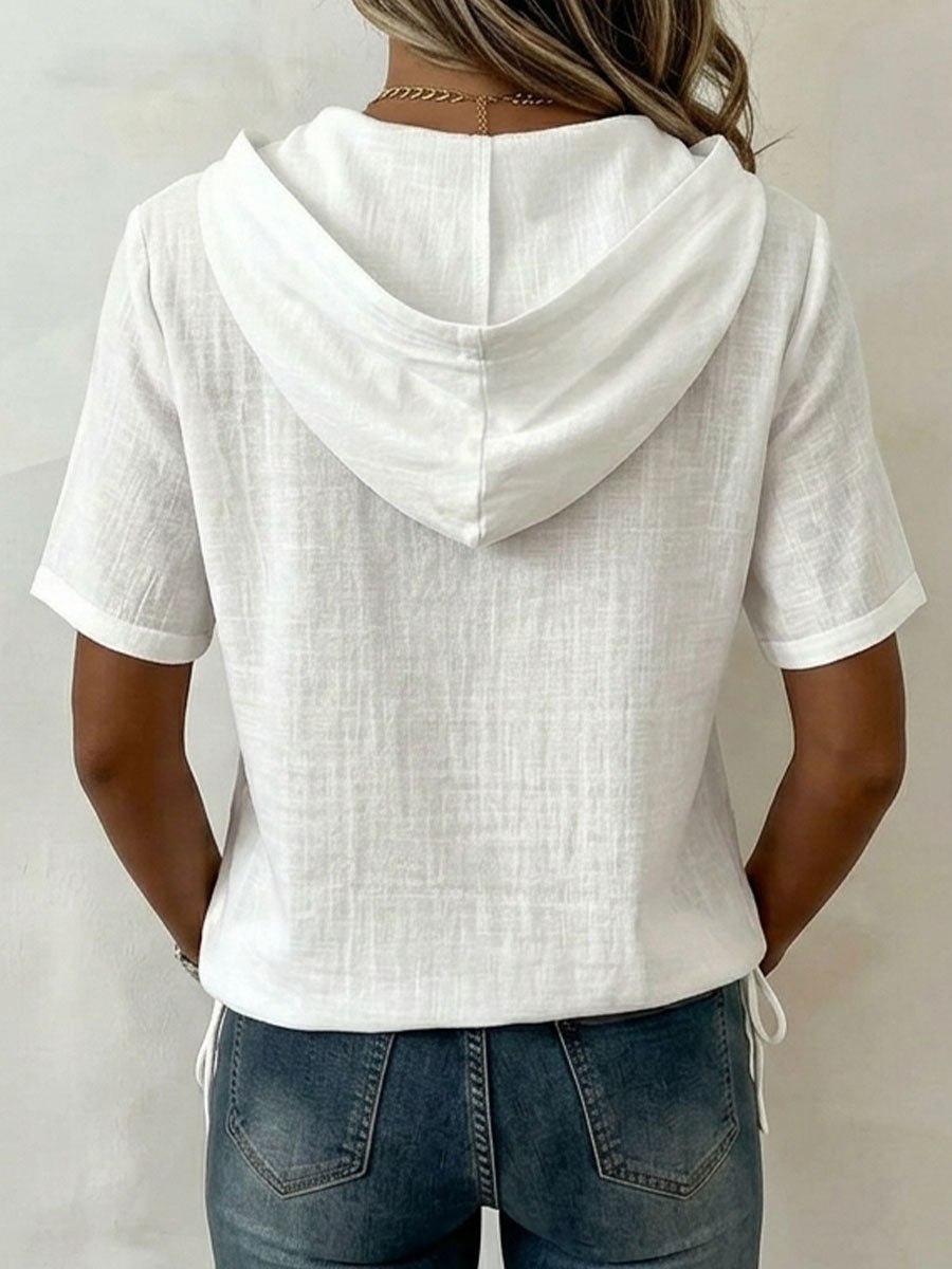 Aevrixa - Women's flowing short-sleeve hooded top with button-up open collar, casual style