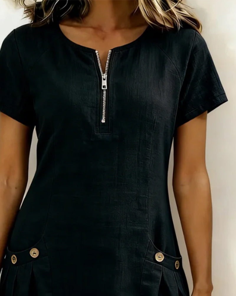 Alythessa - Elegant solid color women's short dress with comfortable pockets