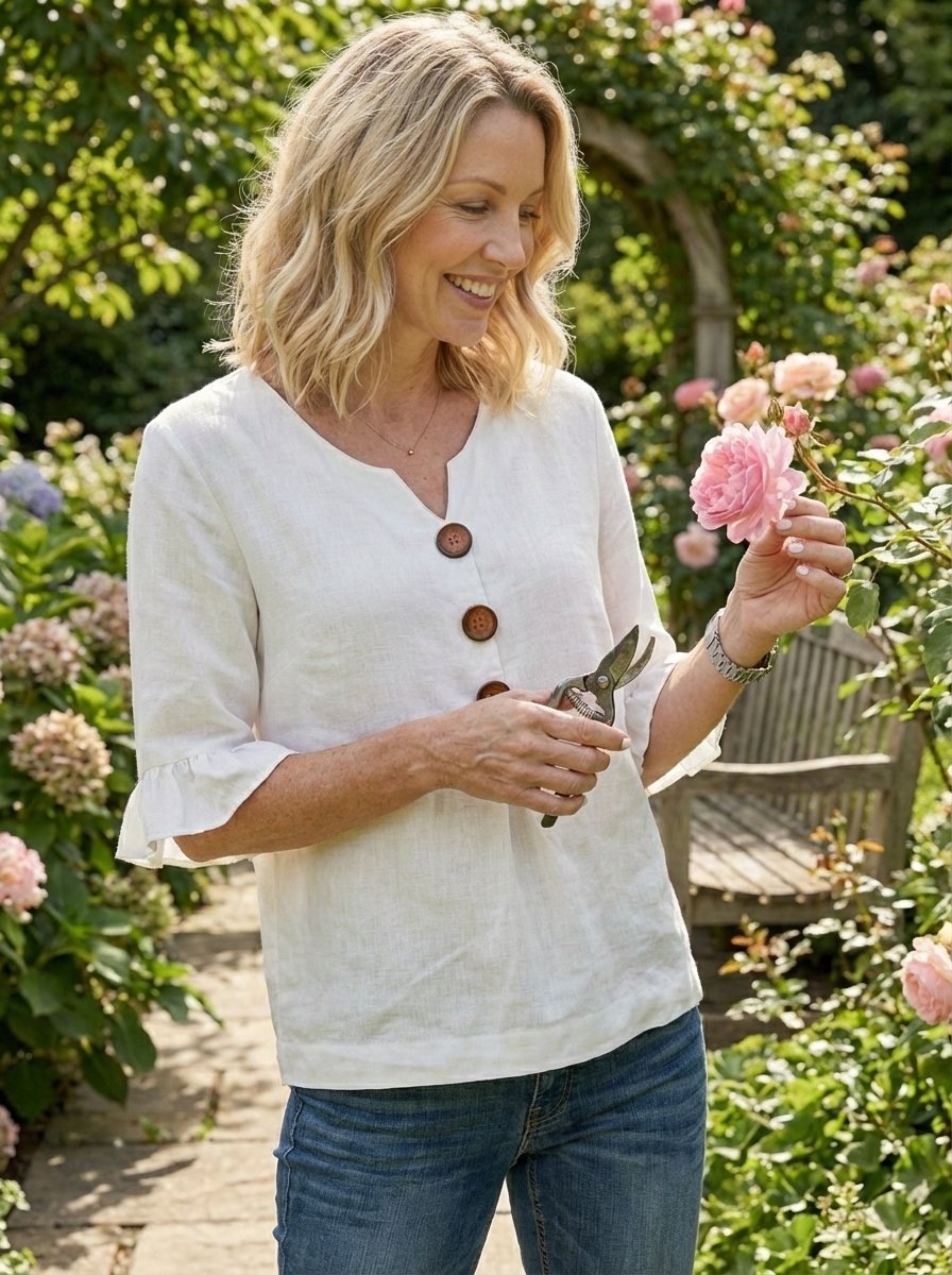 Tyvora - Women's Plain Flowy Blouse with Ruffled Sleeves and Wooden Buttons, Boho Style