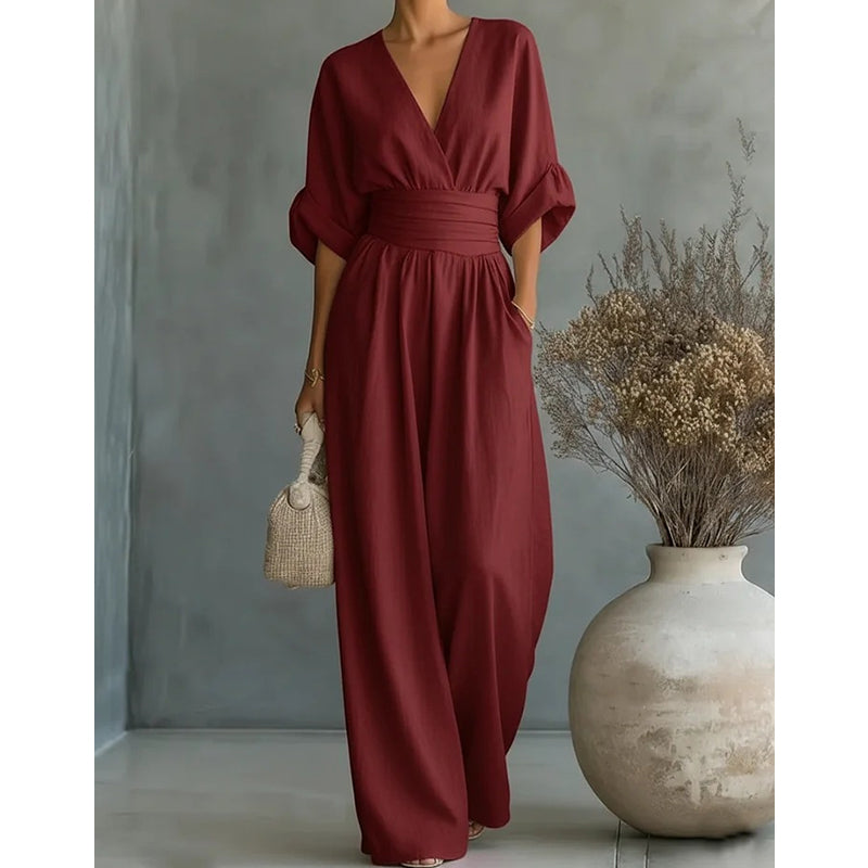 Daxelle - Women's Elegant V-Neck Belted Waist Wide-Leg Jumpsuit