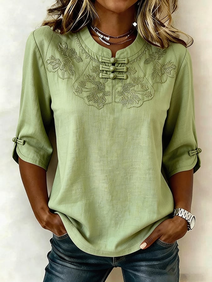 Myrvella - Women's embroidered round neck top natural style cotton linen