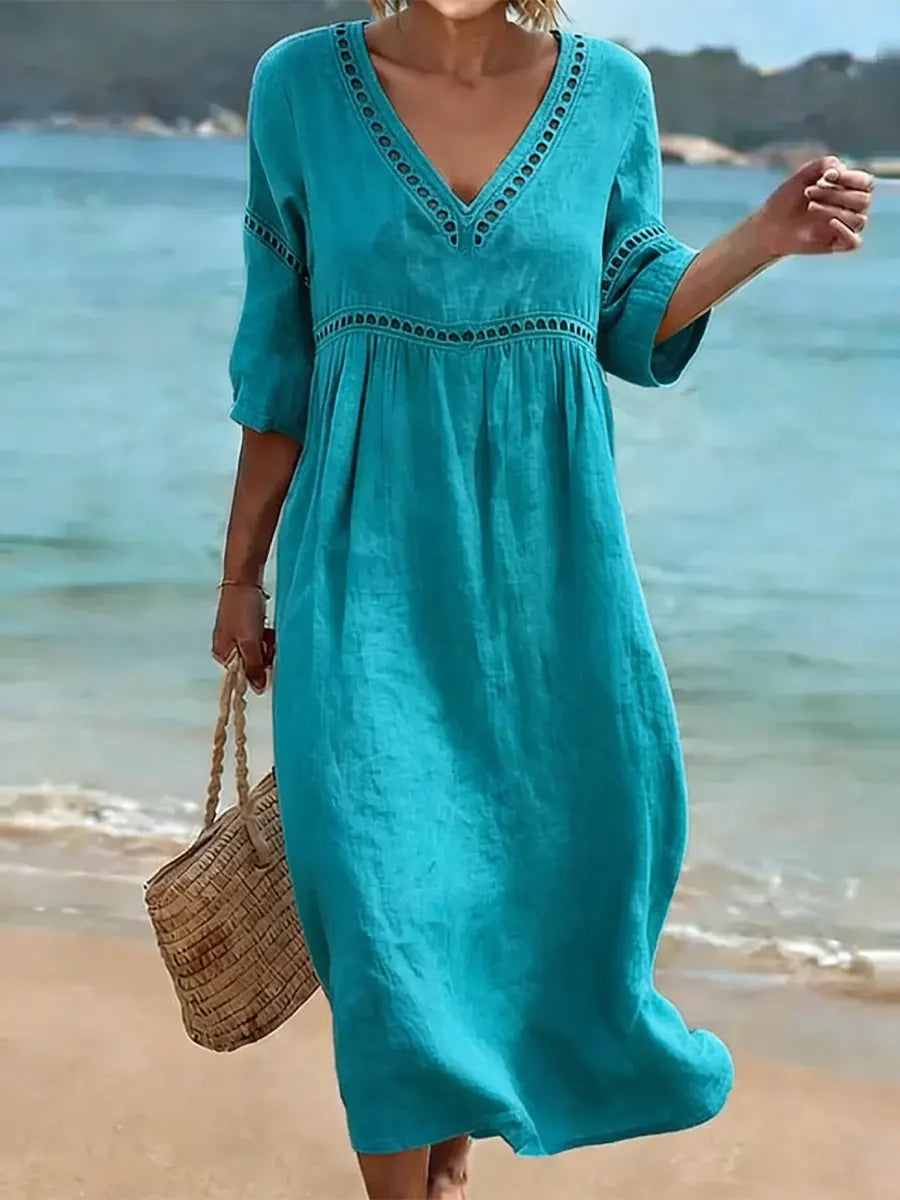 Rynoxa - Women's flowing midi dress V-neck wide sleeves elegant natural style