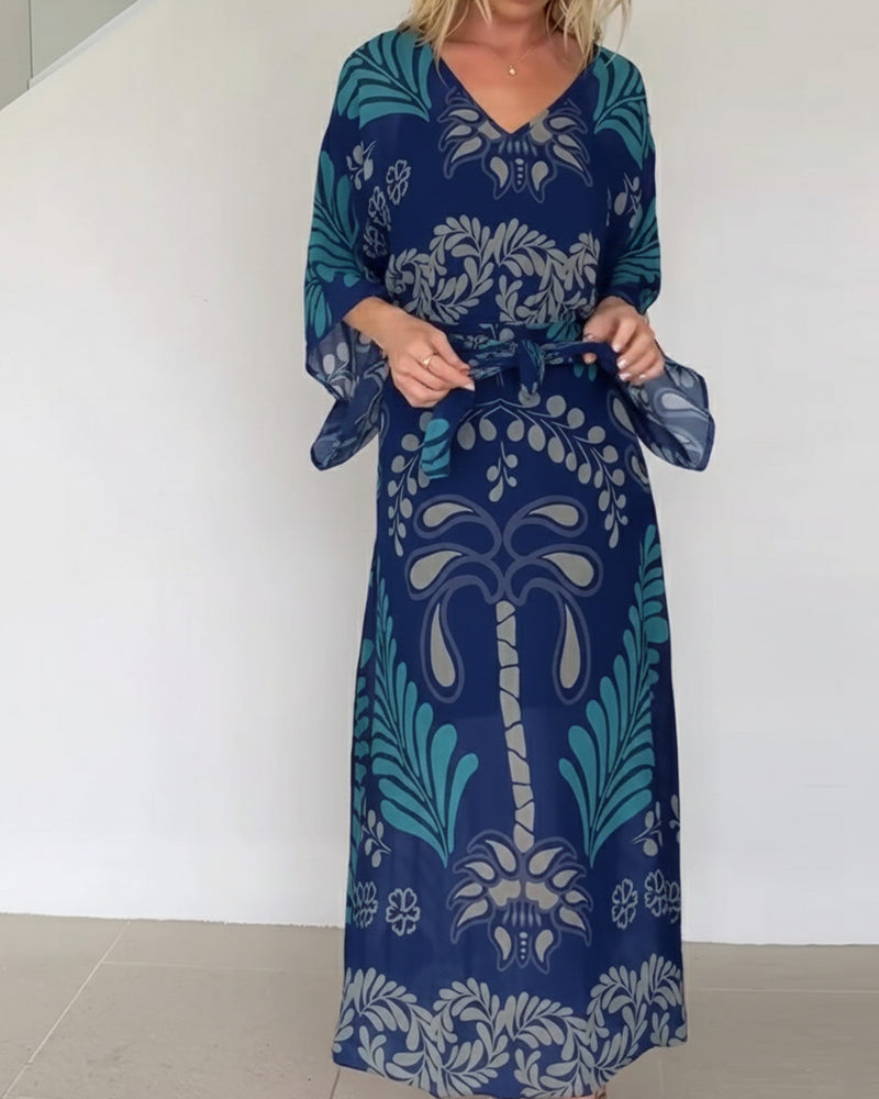 Praxellea - Women's Boho Maxi Dress Loose V-Neck Elegant Leaf Print