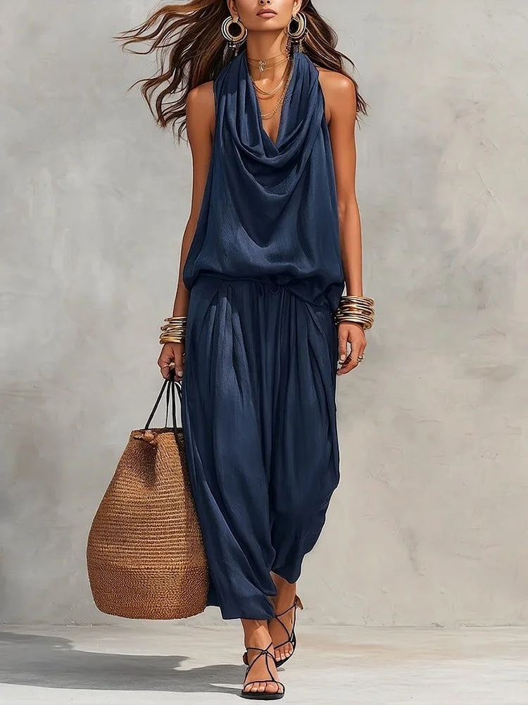 Qyraxa - Elegant two-piece flowing polyester women's set for summer evenings